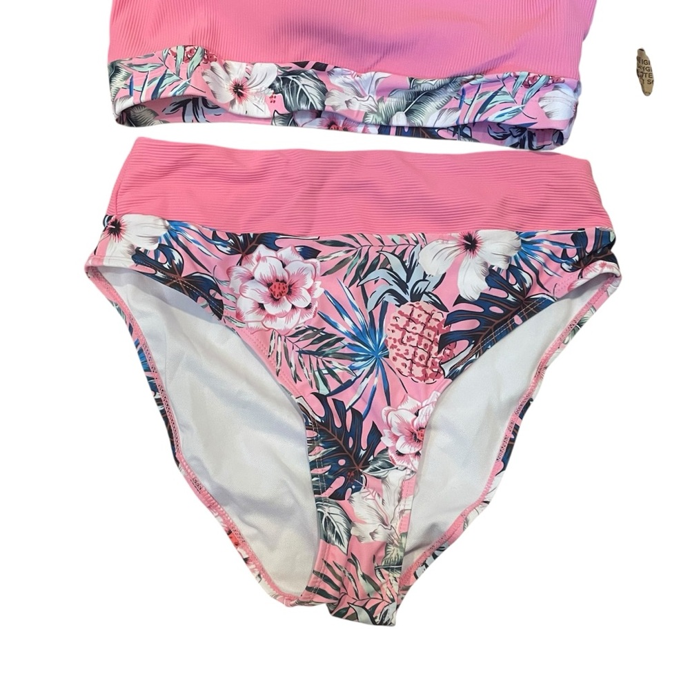 AI'MAGE High Neck Ribbed Two Pieces Bikini Swimsuit Pink Print Women’s Medium - Picture 6 of 10